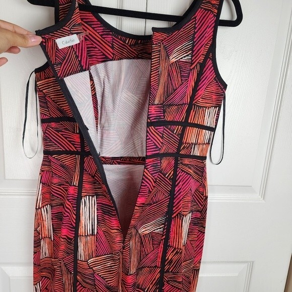 Calvin Klein Sheath Dress Cocktail Pencil Pink Orange Red Abstract Size 8 - Picture 4 of 16
